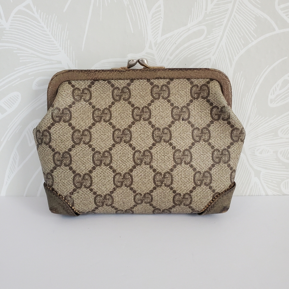 Vintage Gucci Brown Monogram Kiss Lock Coin Purse (Condition Issues Please Read)